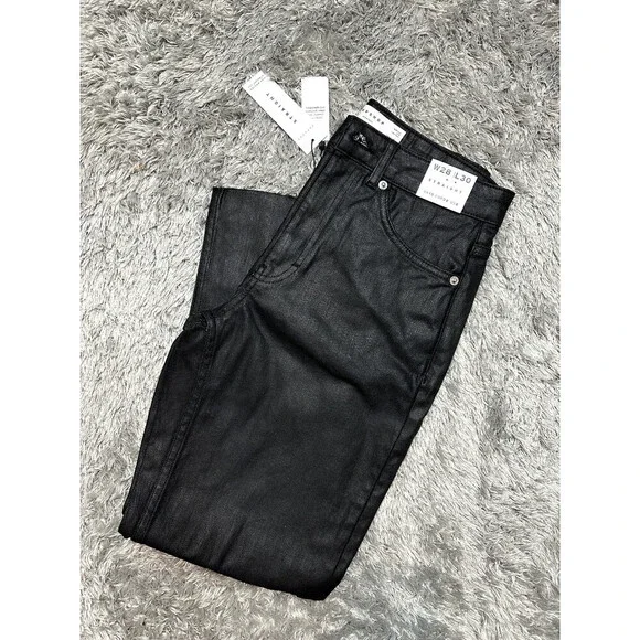 Topshop Coated High Waist Crop Straight Jeans In Black Size W 30 L30 - Picture 3 of 8
